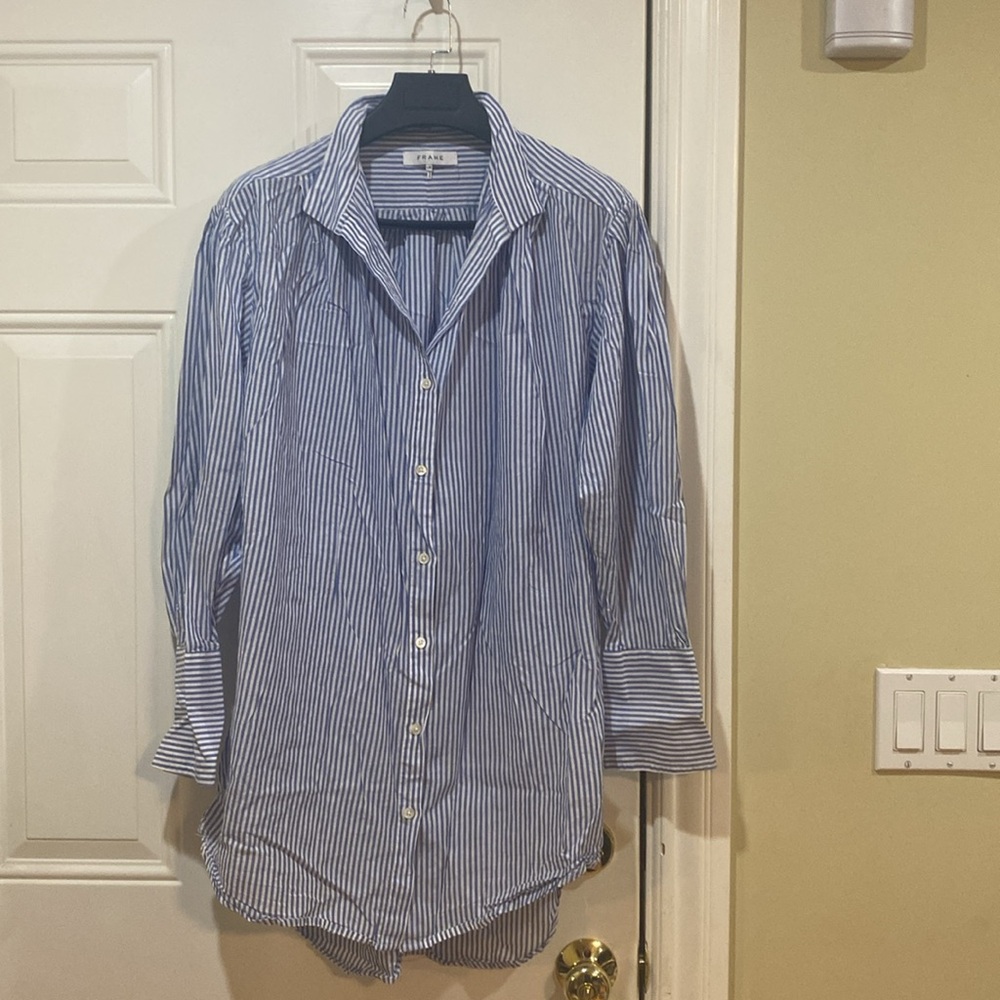 New Frame blue white striped button down dress shirt tunic